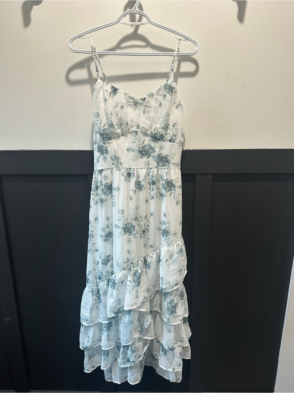 Floral Ruffled Midi Sundress — White with Sage Green Flowers